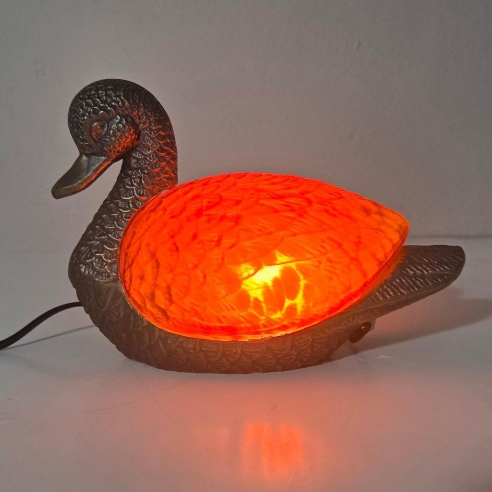 Tiffany Style Amber Slag Glass Duck Bird Mallard Brass Table Lamp Night Light - Picture 5 of 13